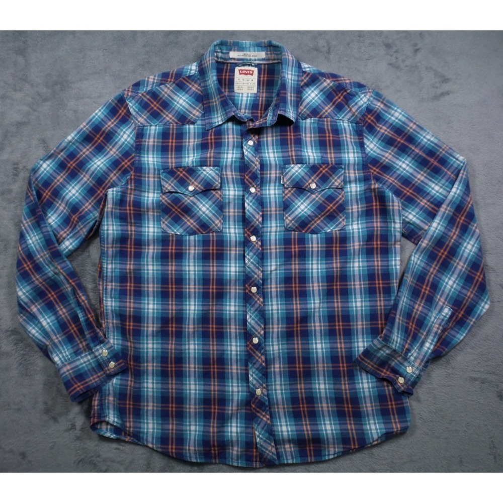 Levis‎ Shirt Mens Size XL Blue Plaid Button Up Long Sleeve Pearl Snap Modern Fit